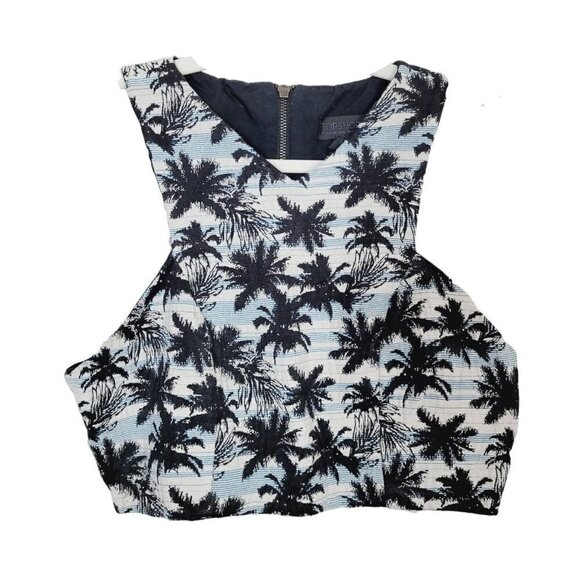 Topshop Sz 8 Jacquard Crop Tank Top Palm Tree Print Black White Blue Zipper Back - Picture 2 of 6